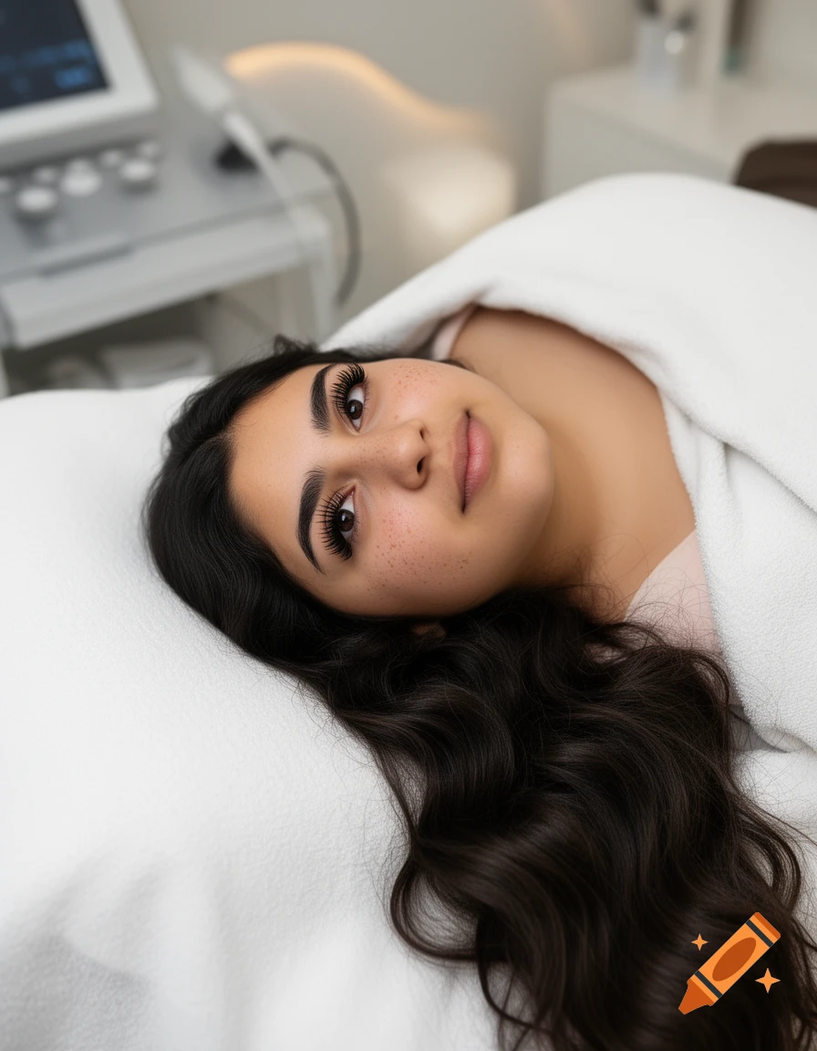 A young woman with dark wavy hair, long eyelashes, and freckles lies on a white bed in a beauty salon, looking up.