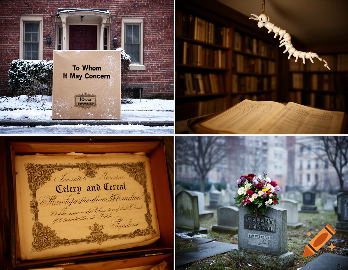Four-panel image: a package in snow, a library with a centipede, an old certificate, and a grave with flowers. Photorealistic style.