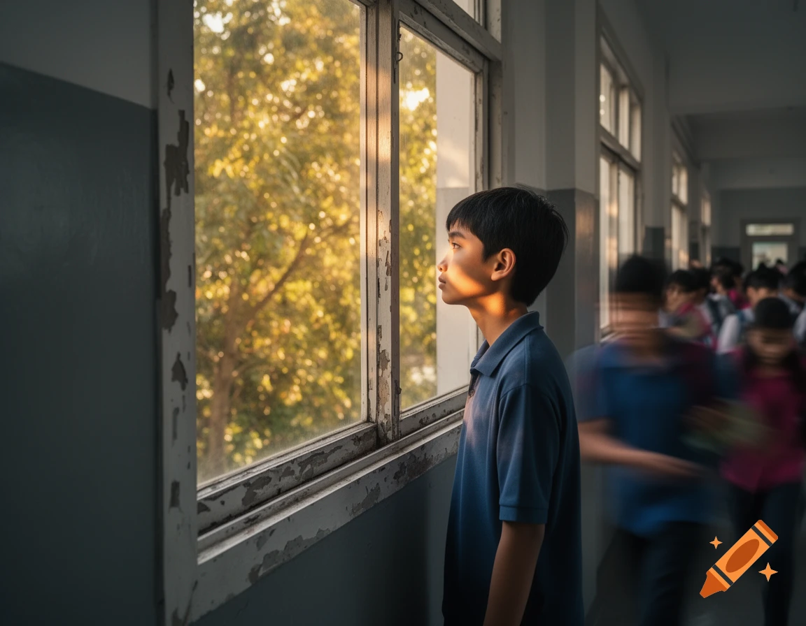 A young student stands by a worn window in a school hallway, looking out as sunlight hits their face while blurry students pass behind them.
