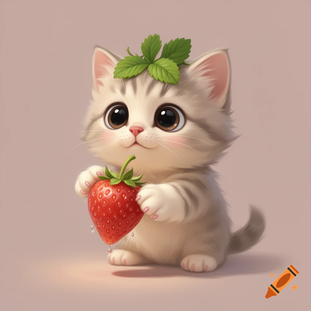 A cute cartoon kitten with big brown eyes and a small pink nose holds a juicy strawberry with green leaves on its head.