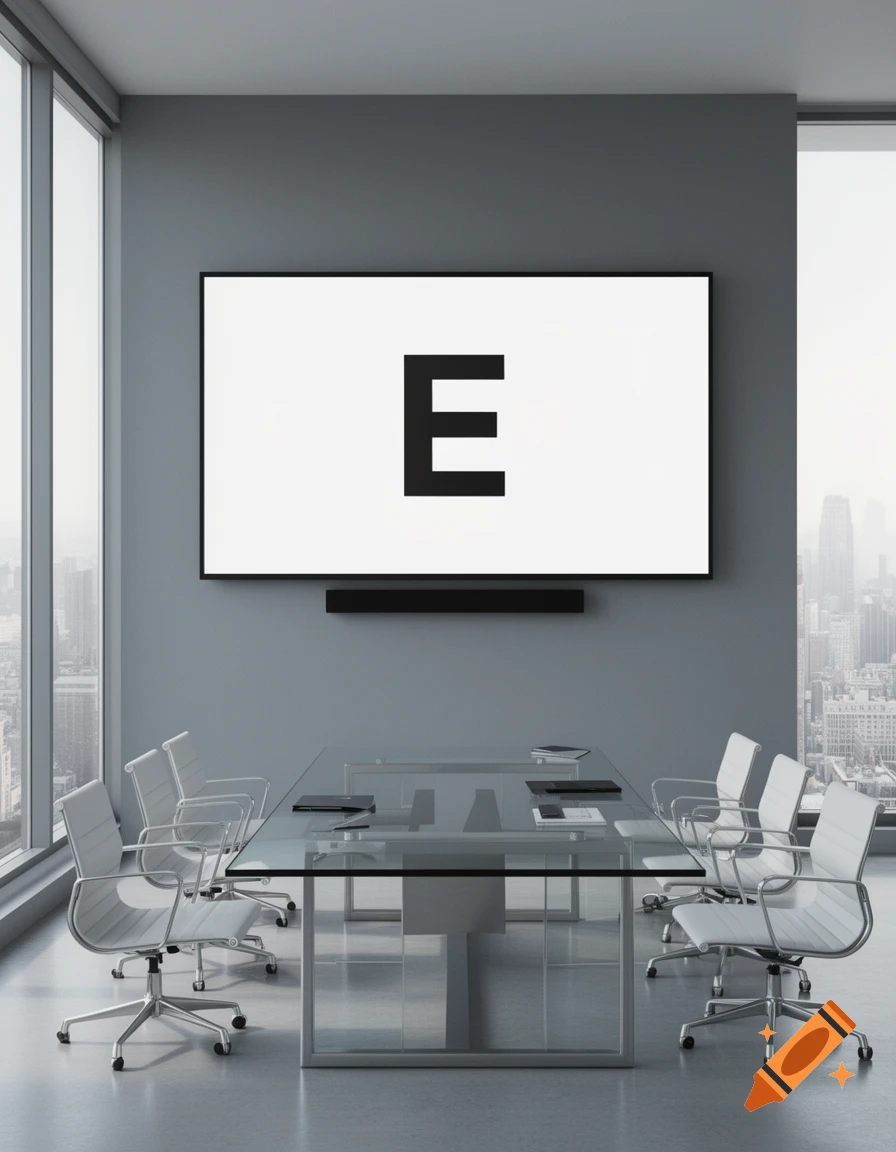 A modern meeting room with a large screen displaying the letter 'E', a glass table, white chairs, and a city view.