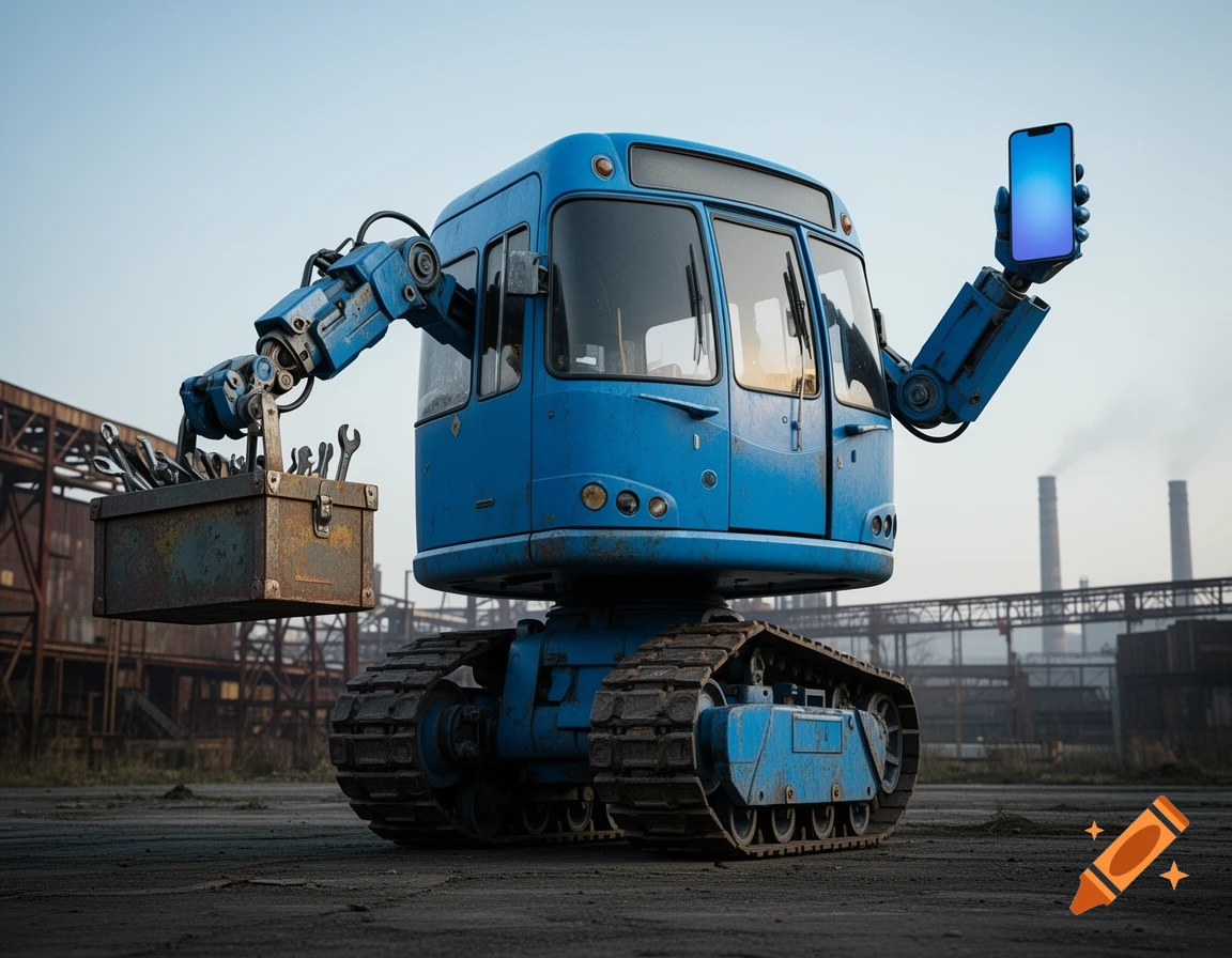 A blue bus mech with tank tracks holds a toolbox and a smartphone in an industrial setting under a clear sky.