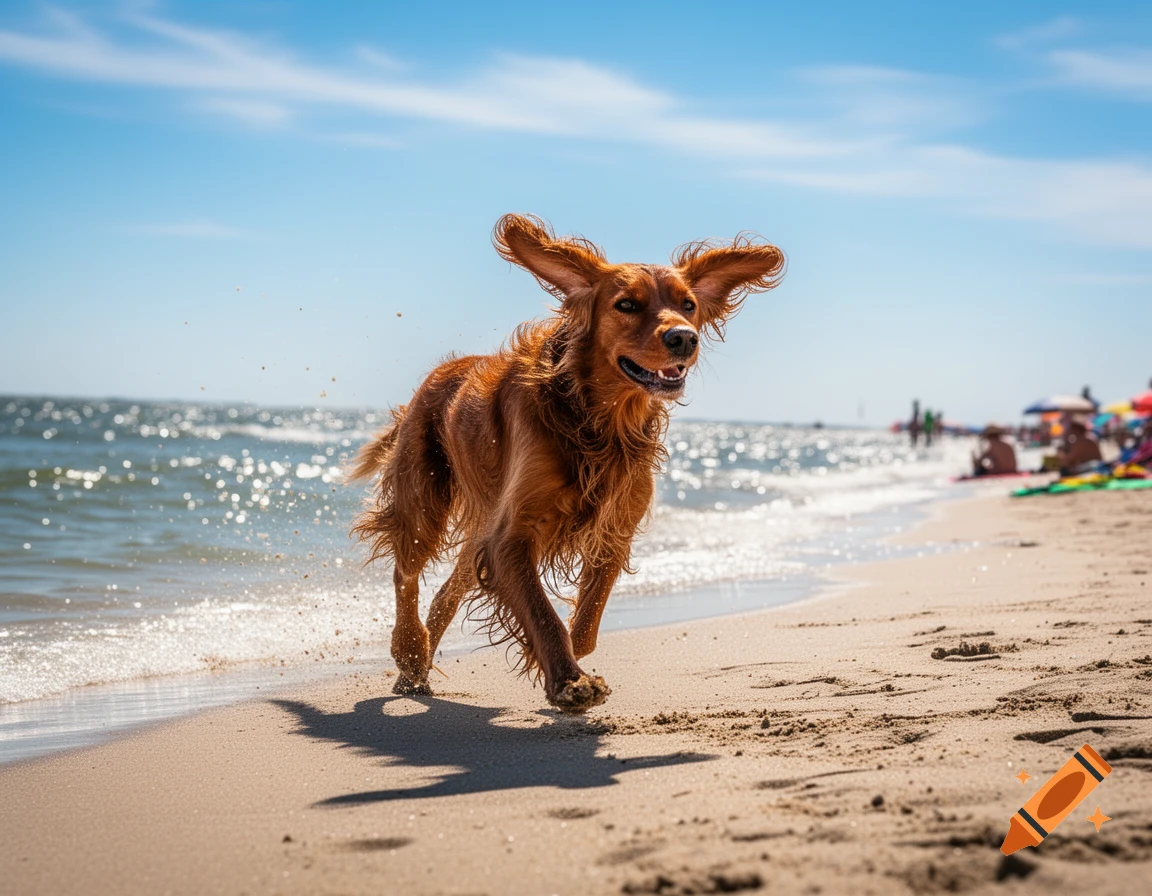 A happy brown dog with floppy ears runs along a sunny beach near the sparkling ocean.