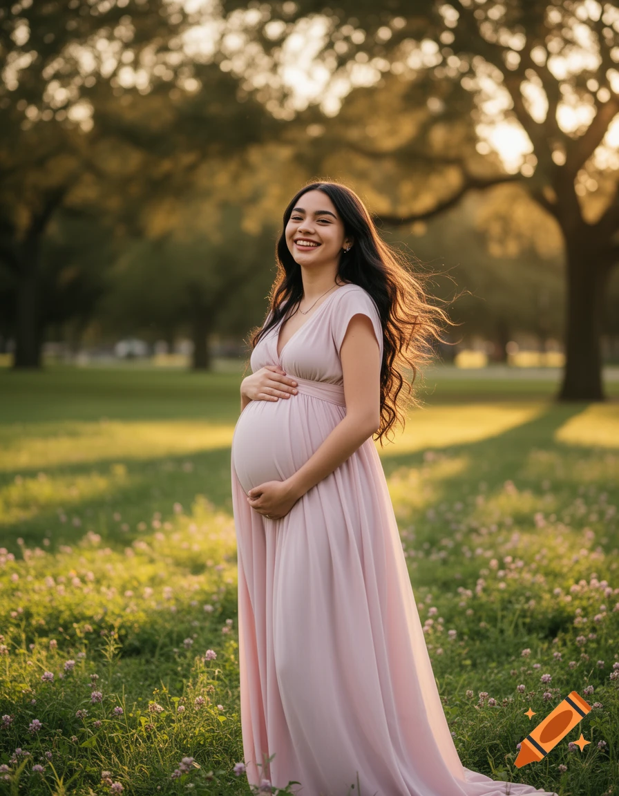 A smiling pregnant woman in a light pink dress stands in a sunlit field, gently holding her baby bump. Trees blur in the background.
