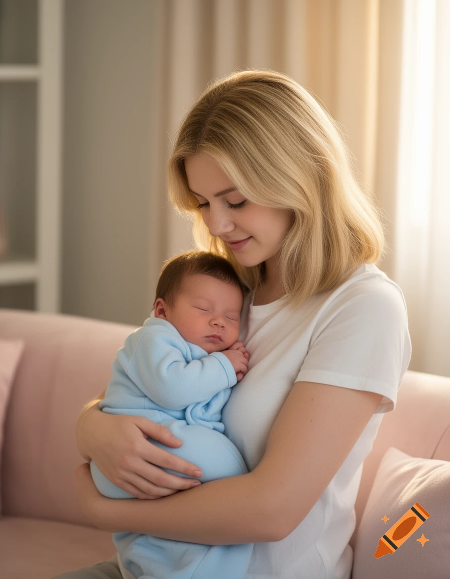 A young blonde woman gently holds a sleeping newborn baby boy dressed in blue, in a softly lit room.