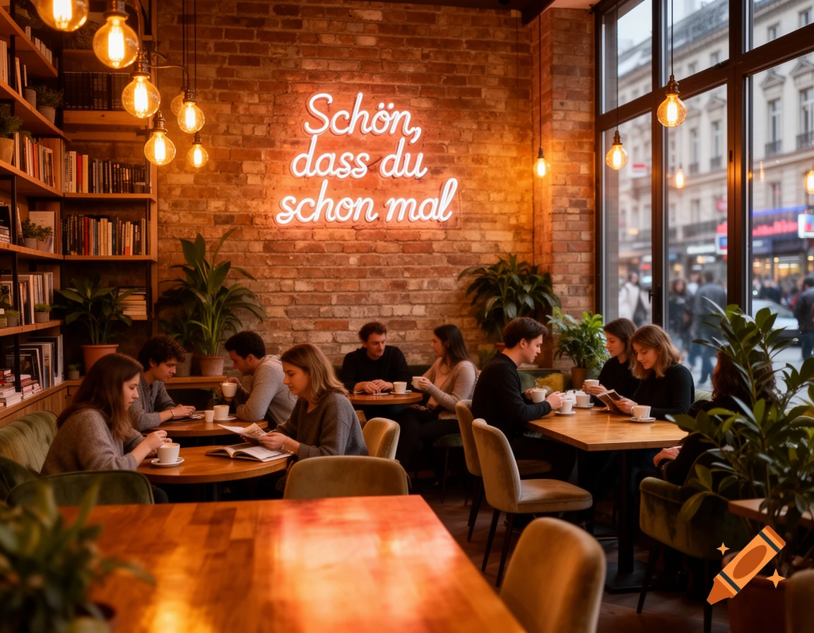 A cozy cafe interior with a 'Schön, dass du schon mal' neon sign on a brick wall, bookshelves, warm lighting, and people at tables.
