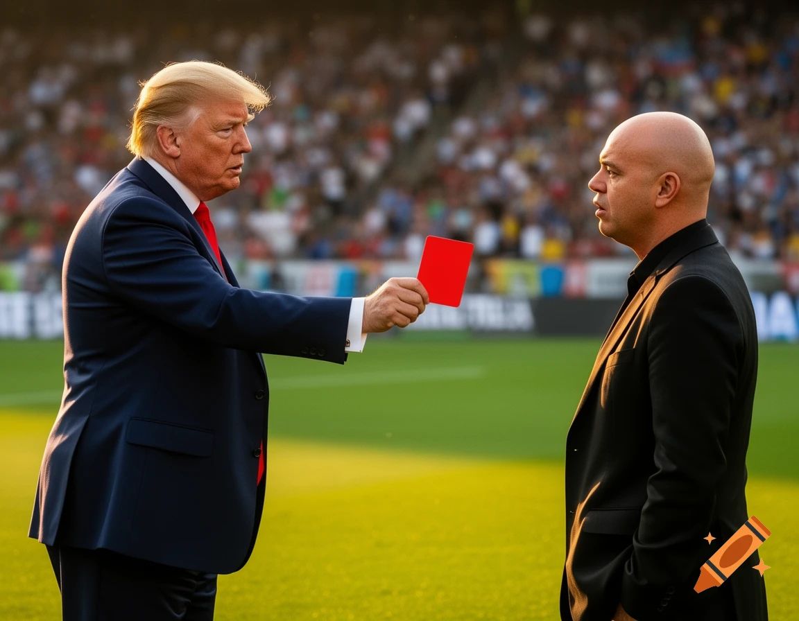 Donald Trump in a suit holds a red card out to a bald man in a black suit on a green soccer field with a stadium crowd in the background.