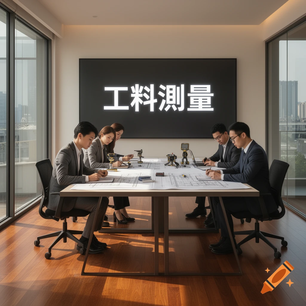 Business professionals gather around a table in a modern office conference room with a large screen and city views.
