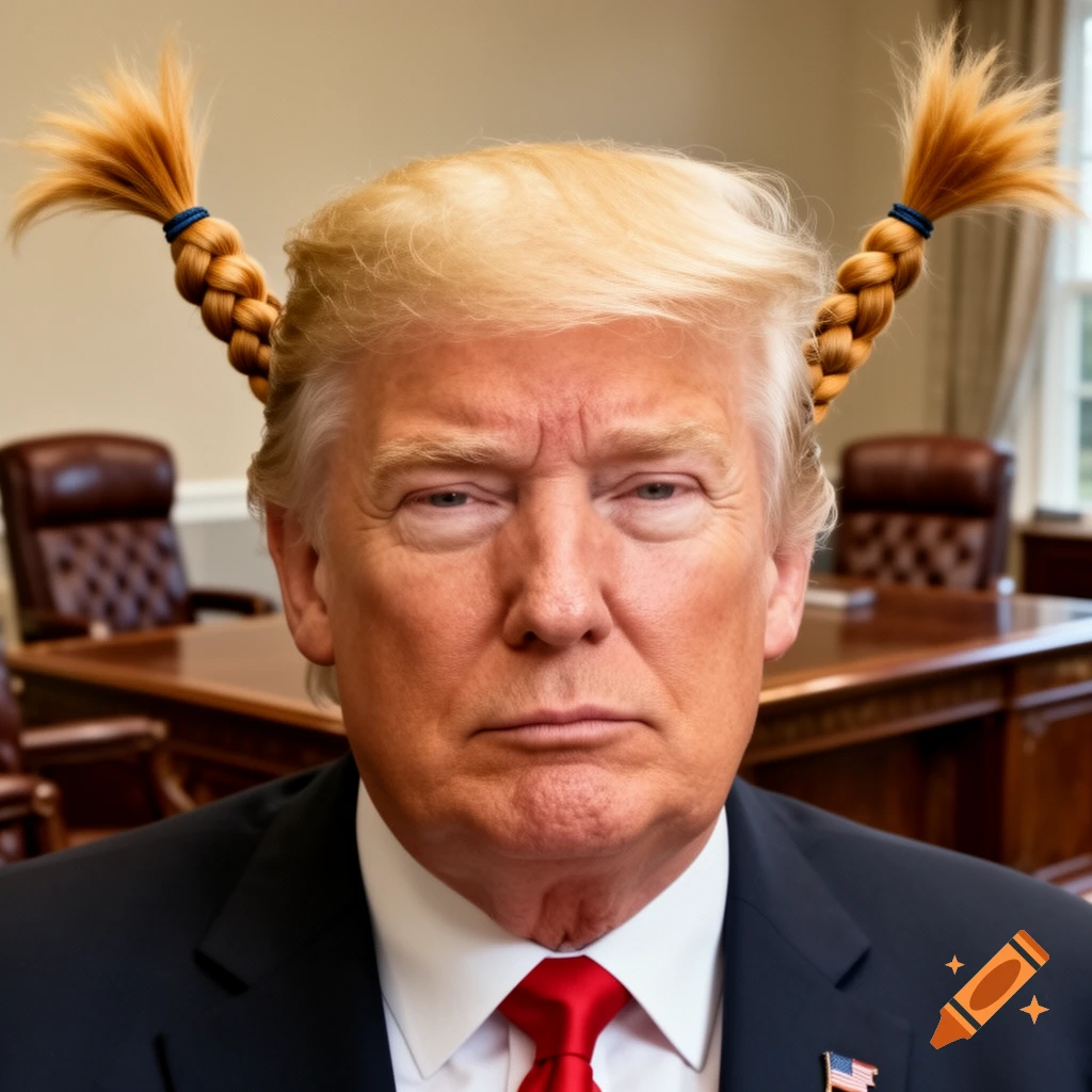 A photorealistic portrait of Donald Trump in a suit and red tie, looking forward, with two blonde pigtail braids sticking up from his head.