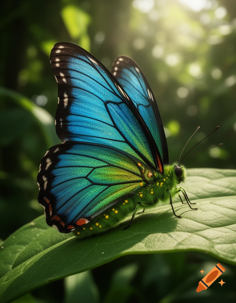 A vibrant blue and green butterfly with a fuzzy green body and yellow spots rests on a large green leaf, bathed in sunlight.