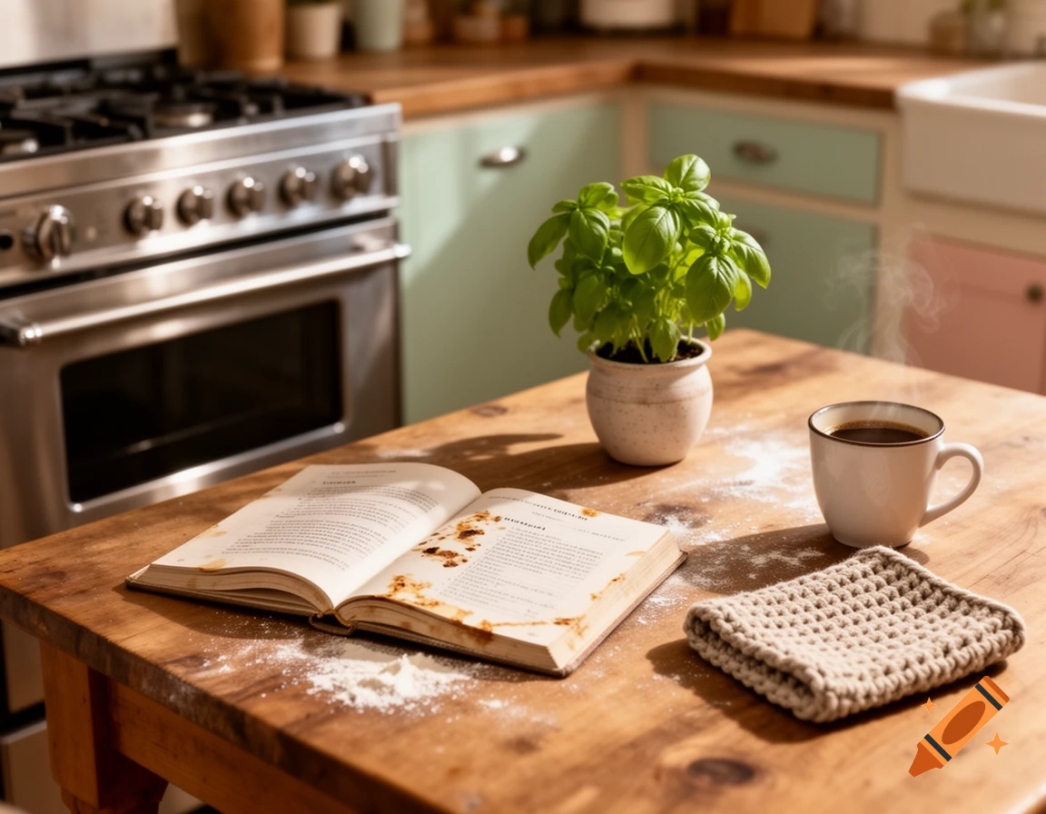 A sunlit kitchen table with an open cookbook, a potted basil plant, a steaming coffee mug, and a crocheted hot pad, with a stove in the background.