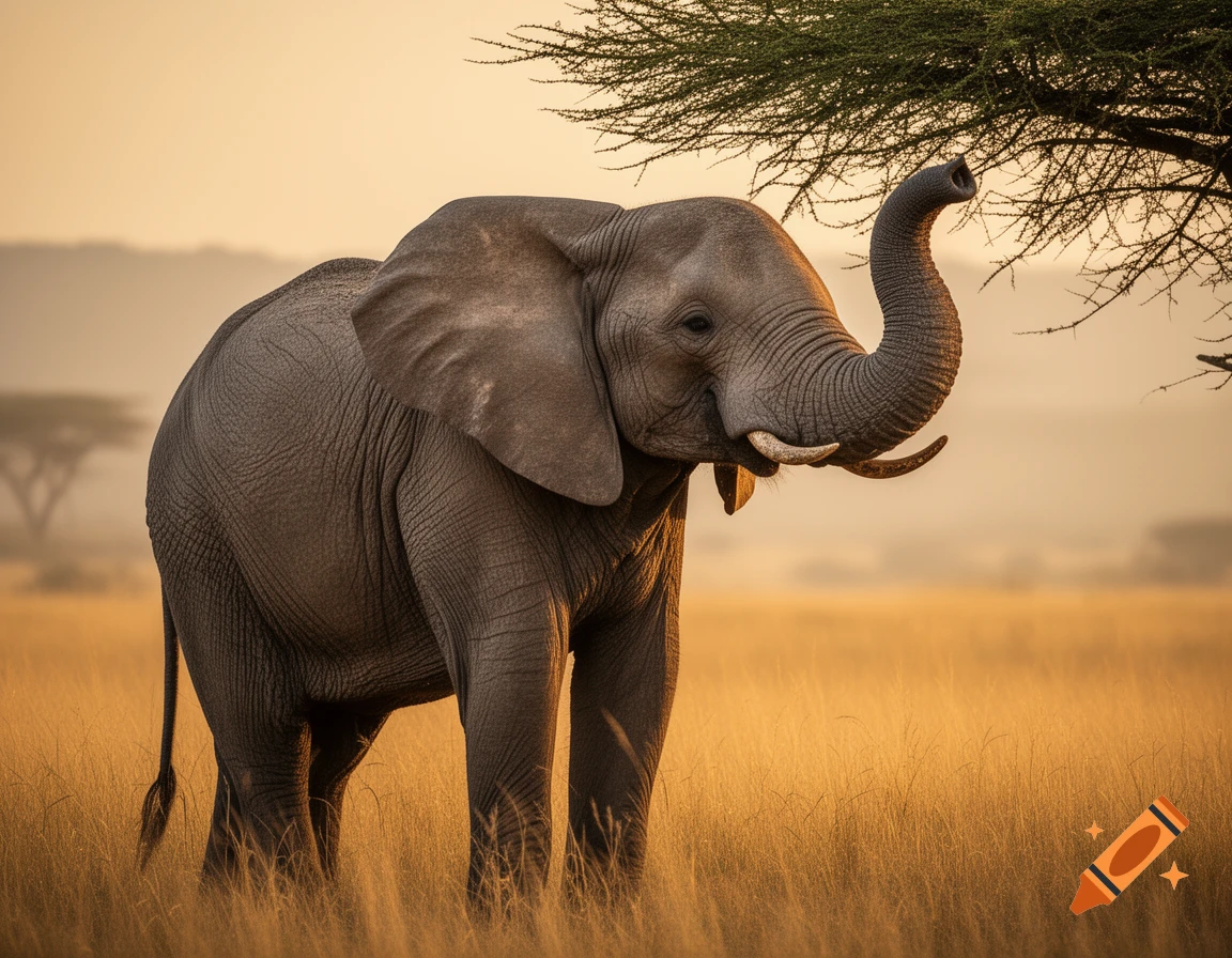 A photorealistic elephant reaches for leaves from a savanna tree at sunset.
