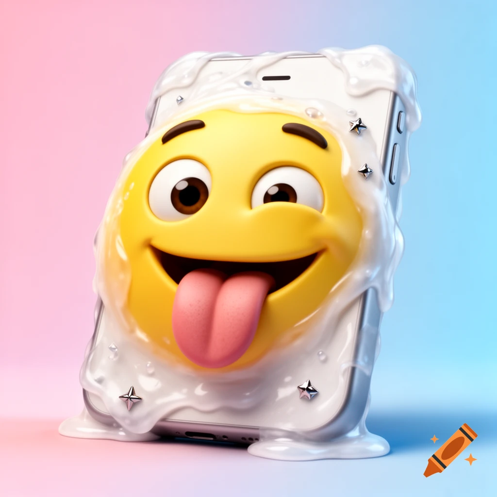 A 3D rendering of a winking emoji with its tongue out, covered in white slime on an iPhone, against a pink and blue gradient.