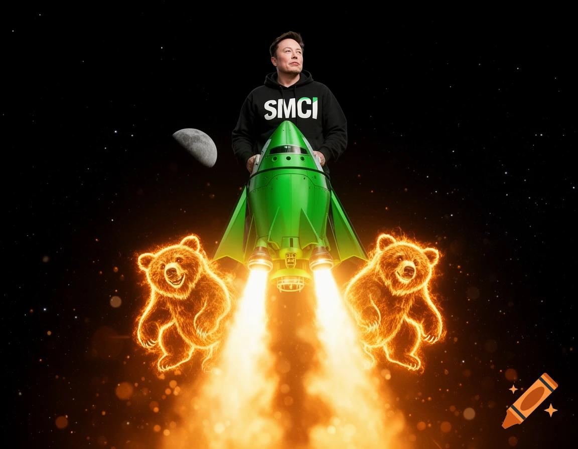 Elon Musk on a green rocket ship flying through space with fiery bears in the flames and the moon in the background.