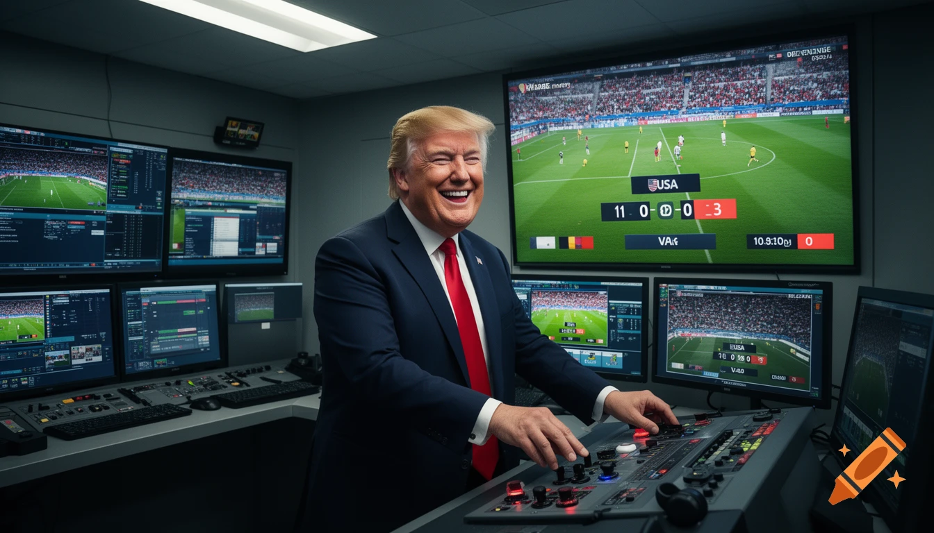 Donald Trump in a suit and red tie, laughing and operating controls in a VAR room with multiple screens showing a soccer match.
