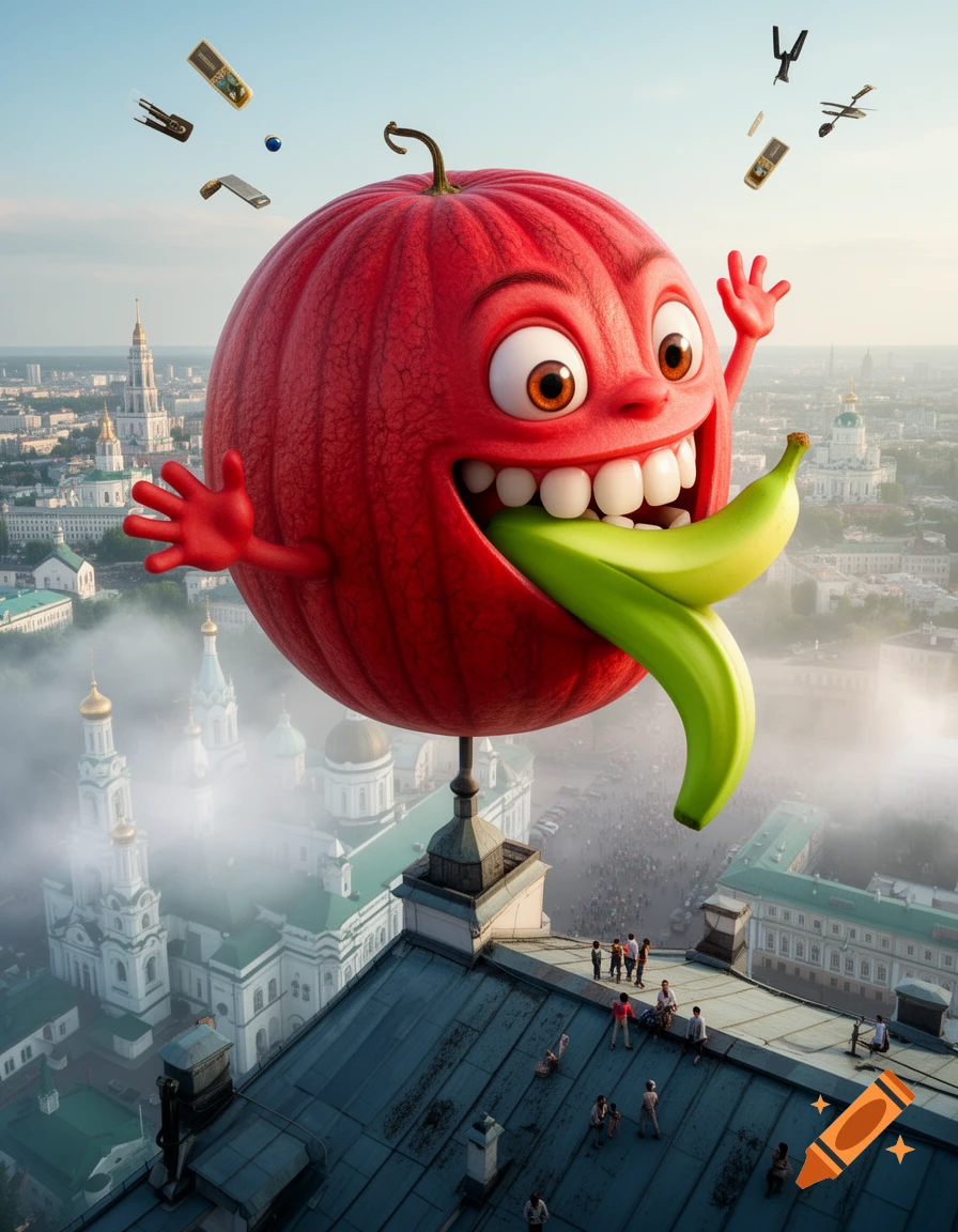 A giant, happy red watermelon character with big eyes and a green banana as a tongue floats above a city, with tiny people on a rooftop below.
