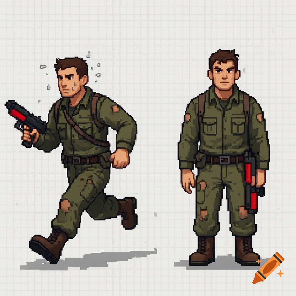 Two pixel art soldier sprites in green fatigues, one running with a gun, the other standing idle with a gun.