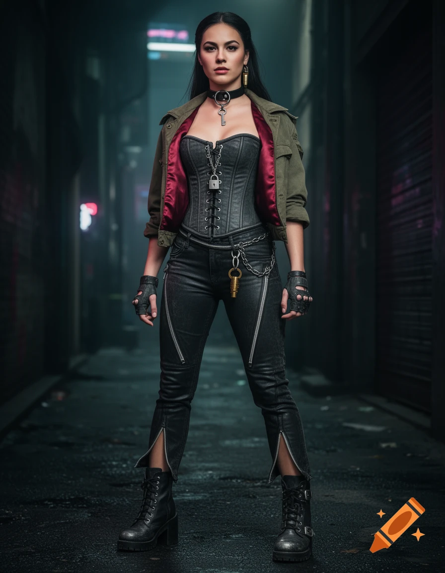 A full-body cinematic portrait of an edgy woman in a cyberpunk alley, wearing a charcoal corset, black leather pants, combat boots, and an olive-drab jacket.