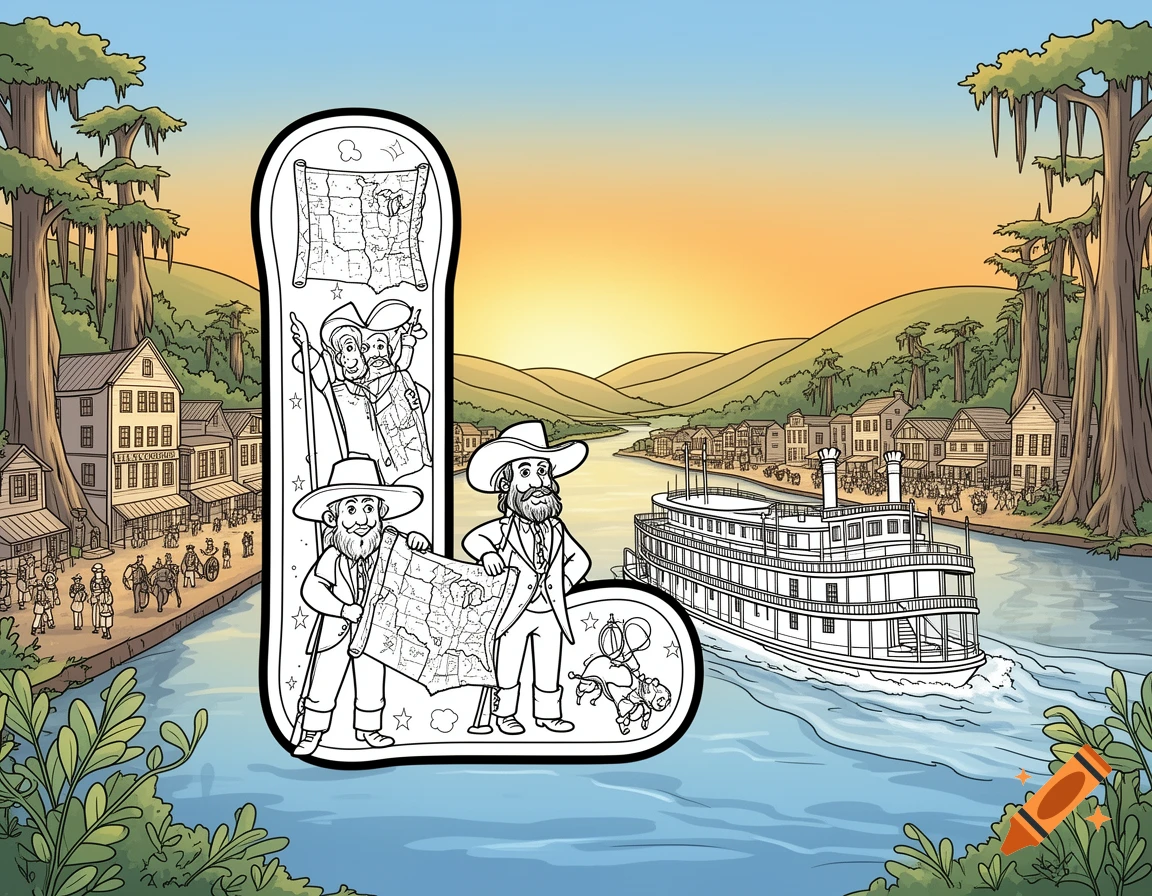 Kid-friendly coloring page with a large bubble letter L featuring explorers with maps, riverboats, and old buildings from the Louisiana Purchase era.