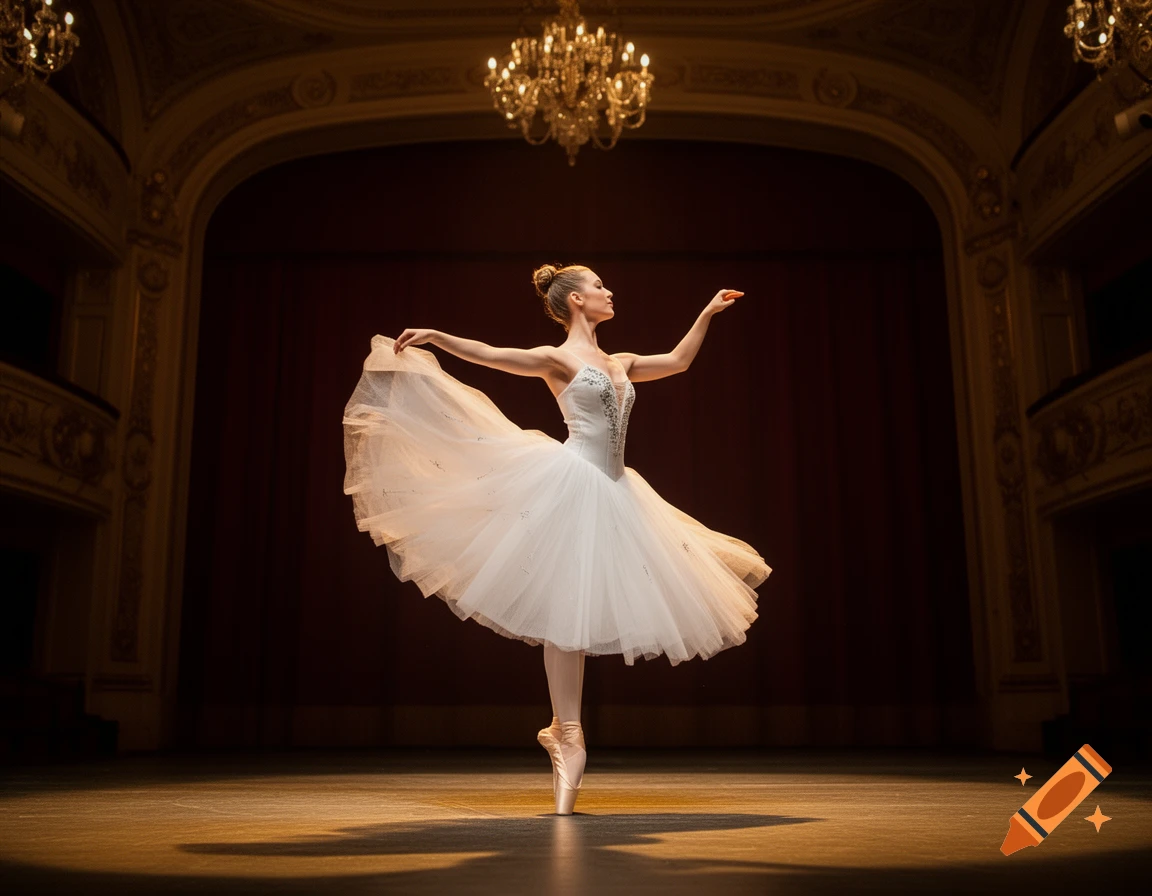 An elegant ballerina in a white tutu performs en pointe on a spotlighted stage in a grand theater.