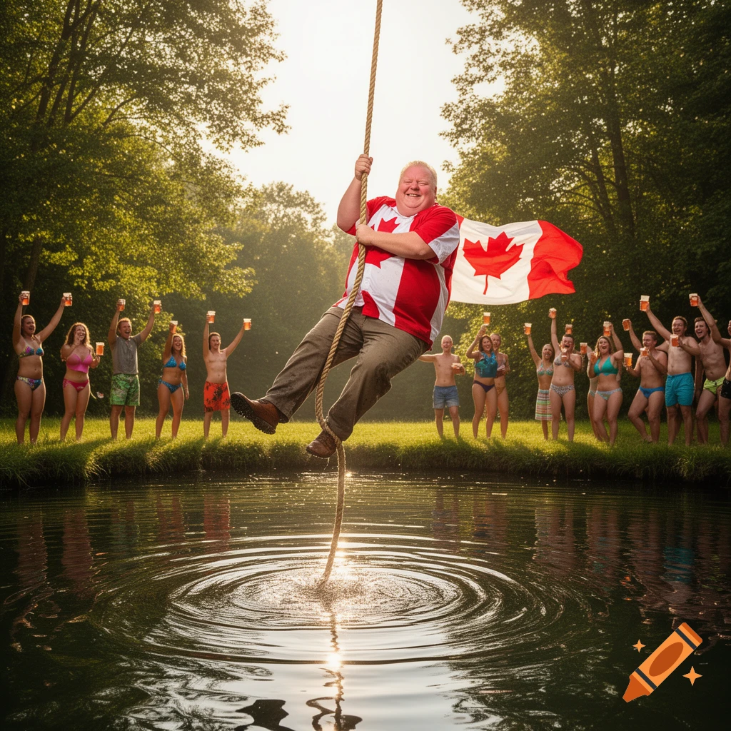A man in a Canadian flag shirt swings on a rope over a pond, surrounded by cheering people holding drinks in a sunny outdoor setting.