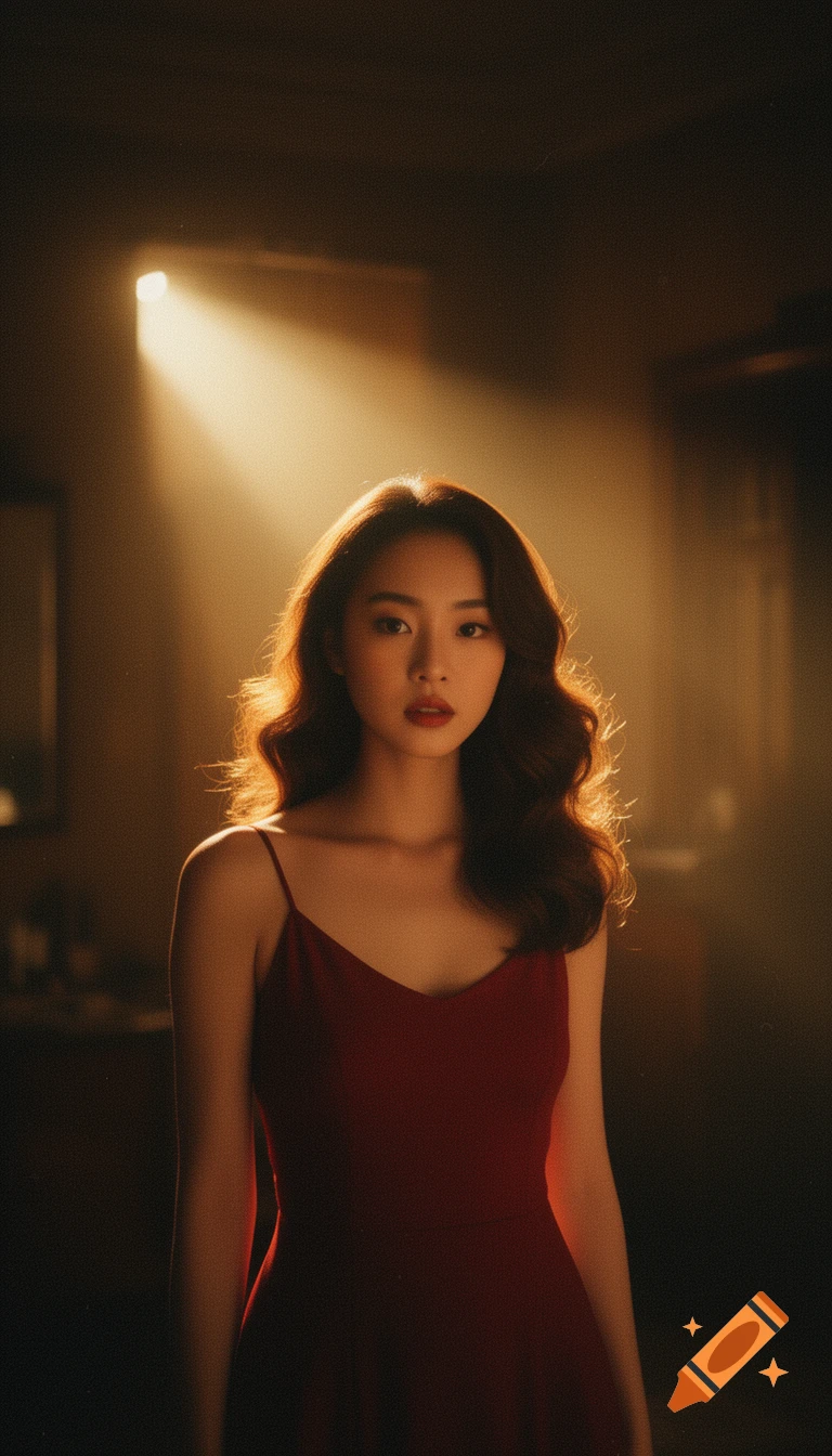 Young woman in red dress with wavy hair, dramatically backlit by sunlight in a dimly lit room, cinematic style.