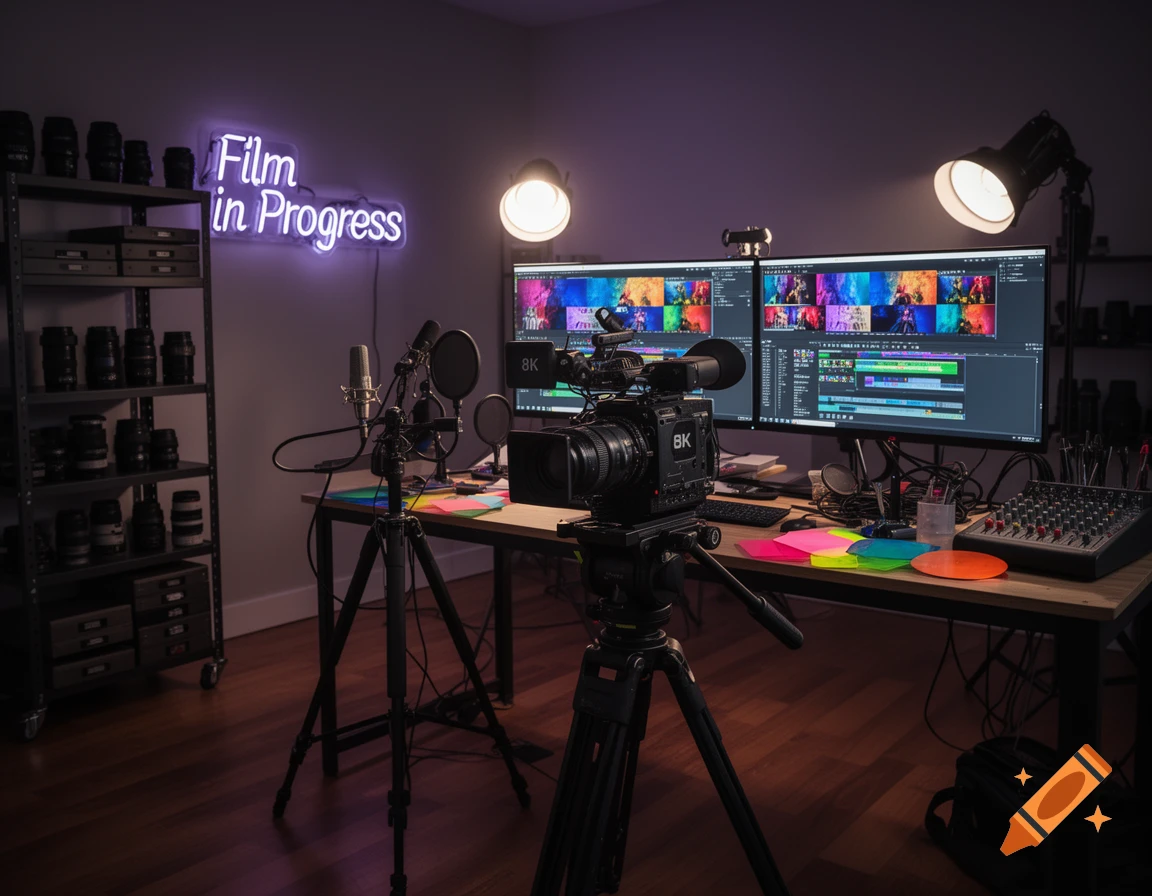 A photorealistic view of a film production studio with dual monitors, a camera on a tripod, and a 'Film in Progress' neon sign.