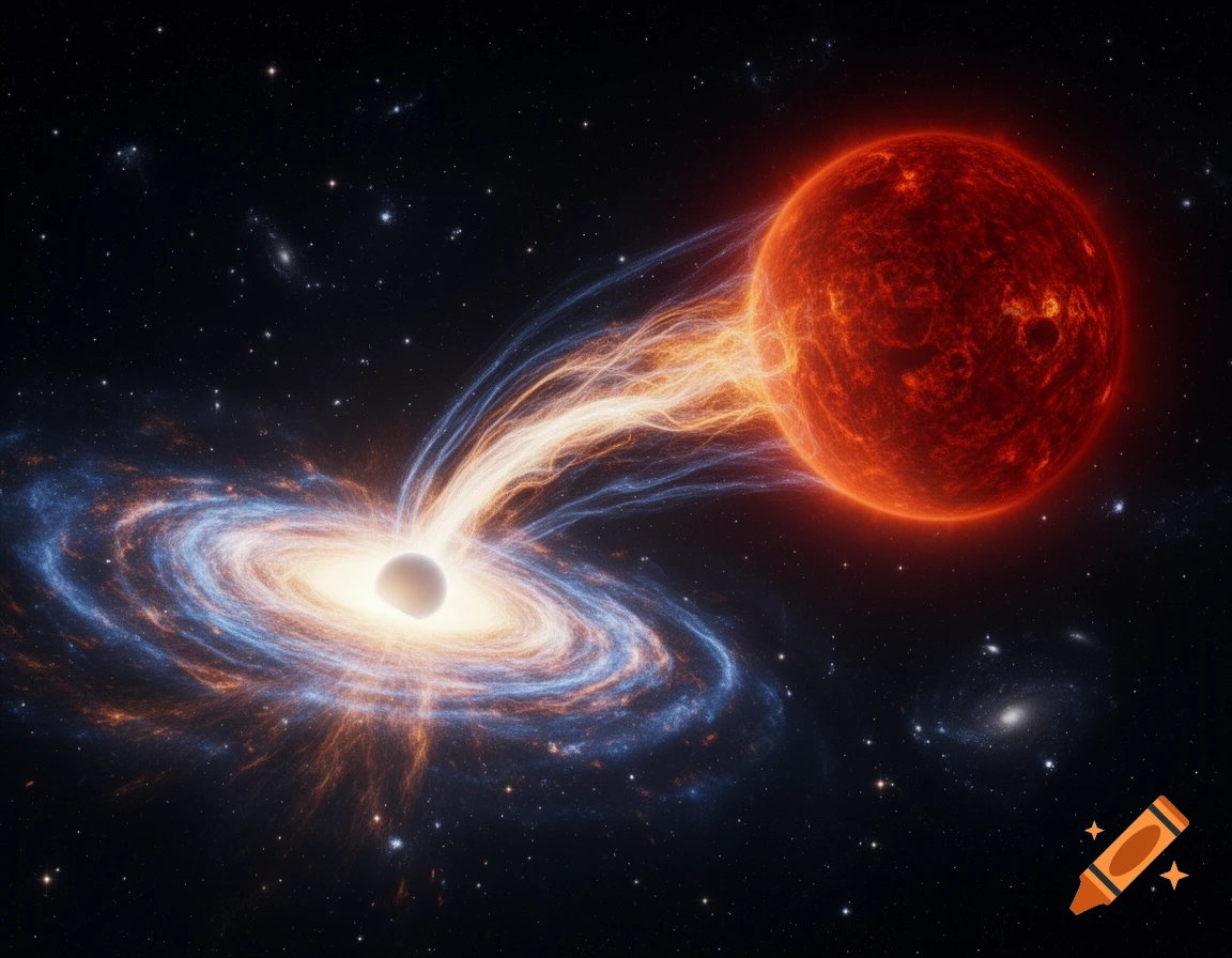 A white dwarf with a vibrant blue and orange accretion disk siphoning matter from a large, fiery red giant star in a cosmic setting.
