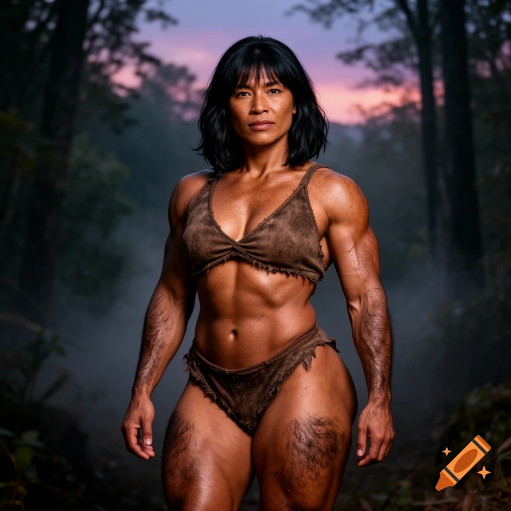 Photorealistic image of a heavily muscled cavewoman with brown skin and black hair, standing in a jungle at sunset.
