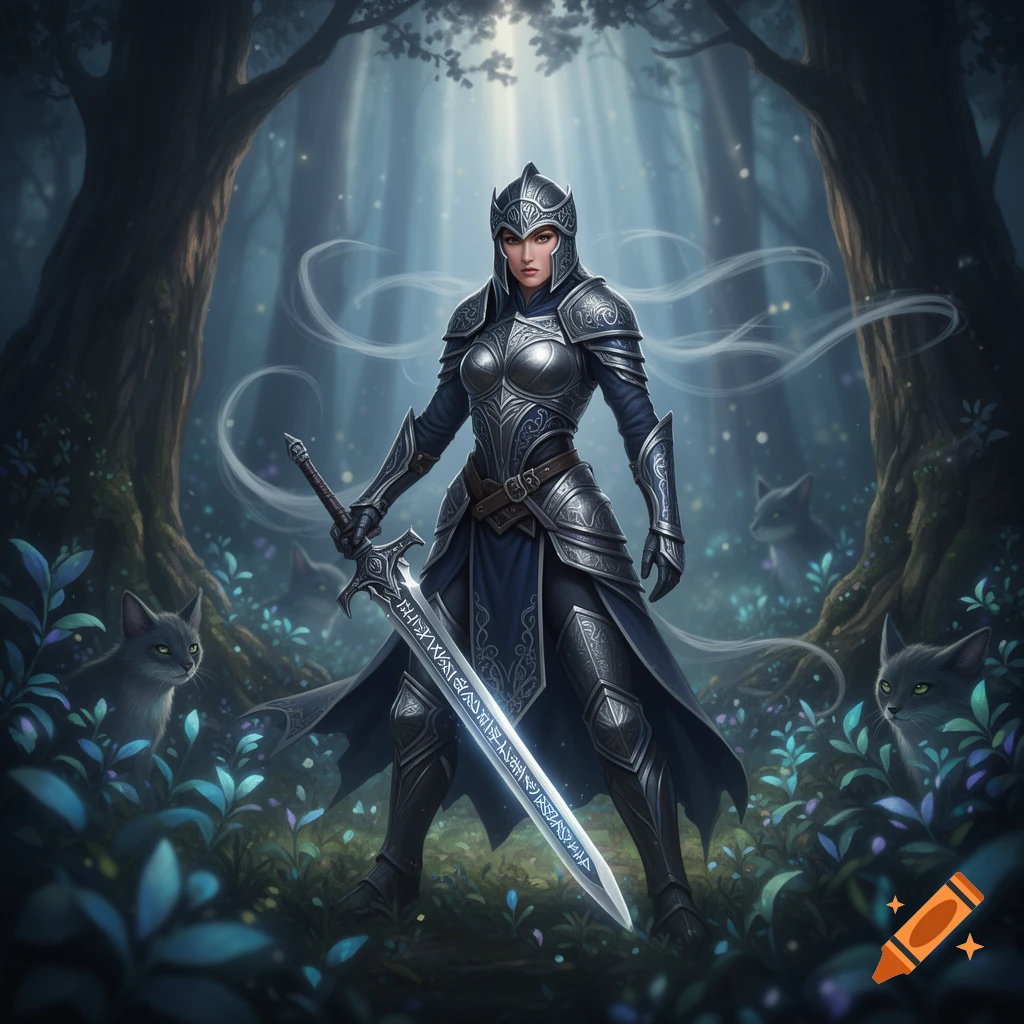 A female warrior in dark fantasy armor holds a glowing sword in an enchanted forest with ethereal wolves.