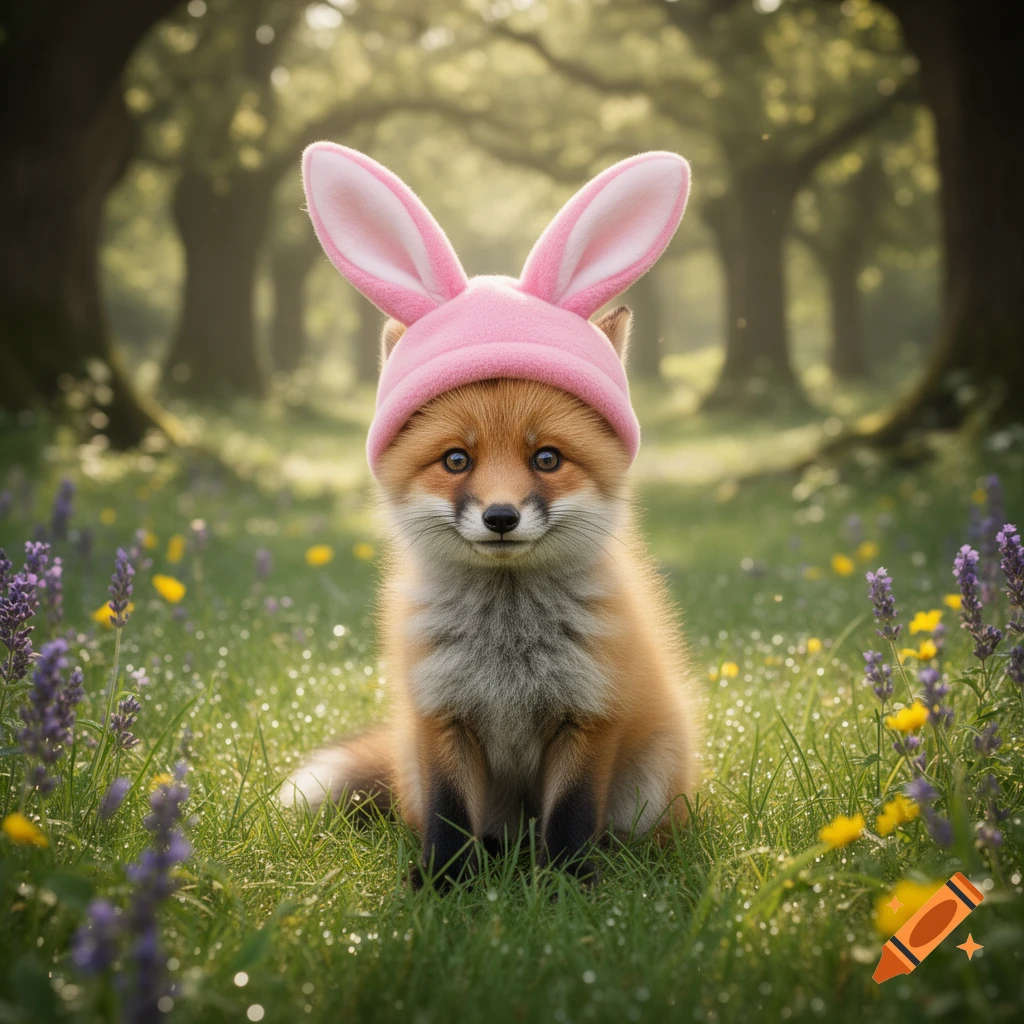 A cute baby fox wearing pink bunny ears sits in a lush green field with purple and yellow flowers, with trees in the background.