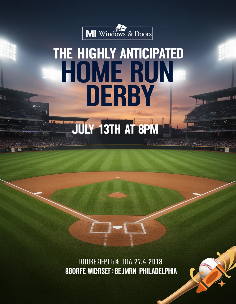 A flyer for a Home Run Derby at a baseball stadium at dusk, featuring a green field, bright stadium lights, and a baseball bat and ball.