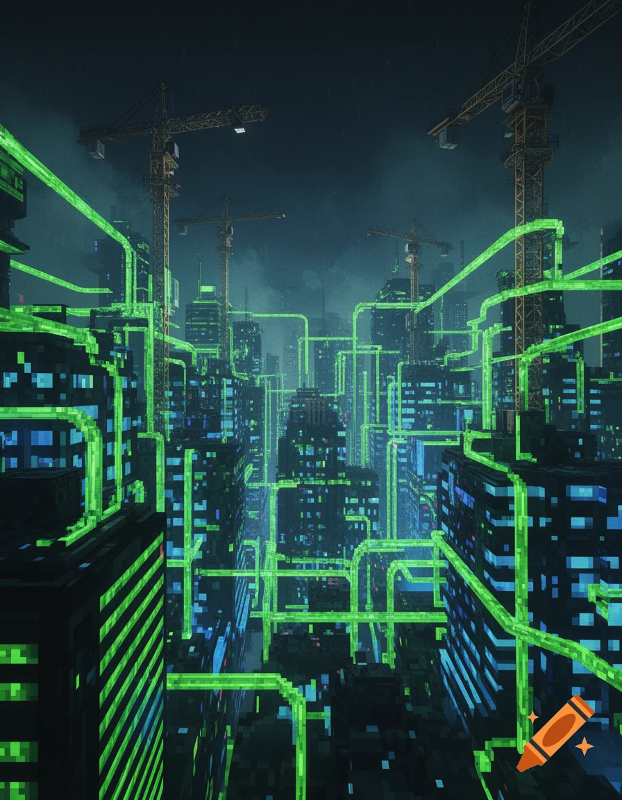 A blocky Minecraft-style cyberpunk city at night with glowing green pipes connecting buildings and cranes in the dark sky.
