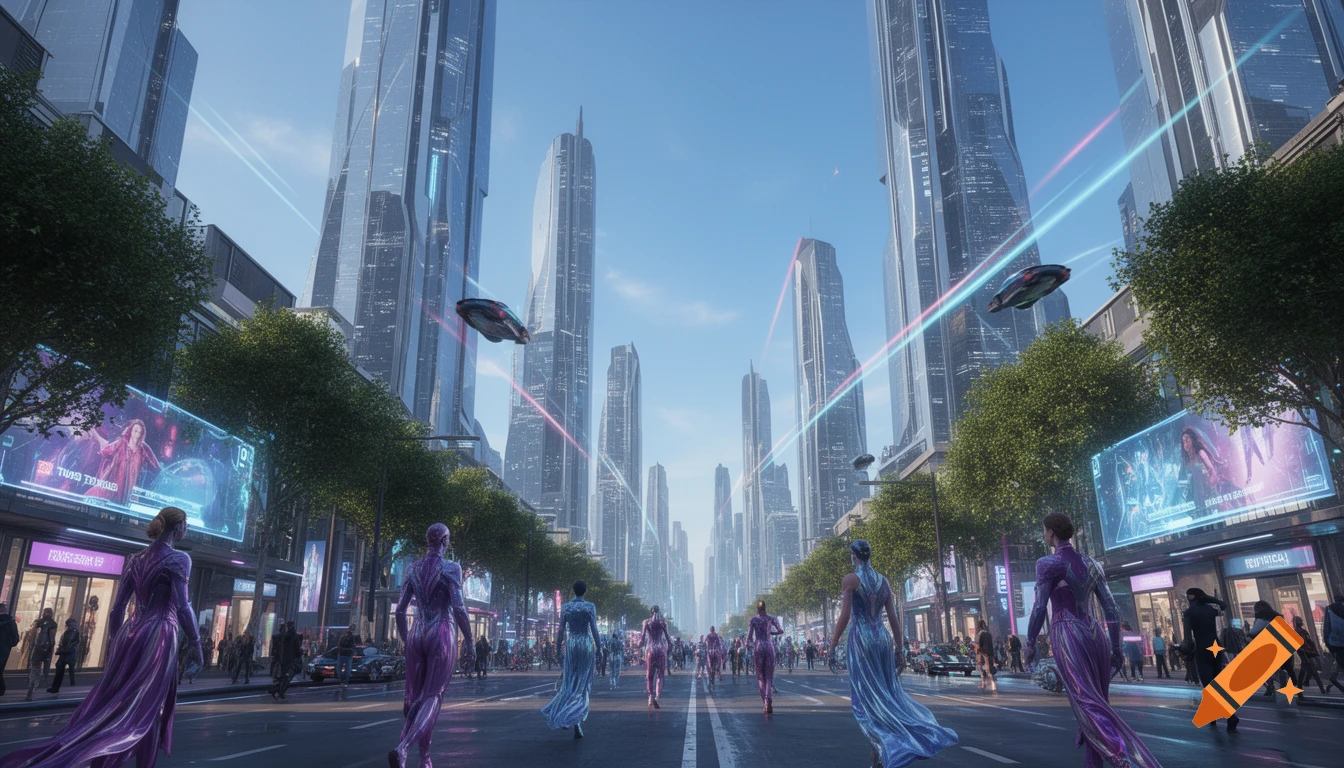 A vibrant futuristic city street scene with towering skyscrapers, flying vehicles, and people in flowing, metallic attire walking down the road.