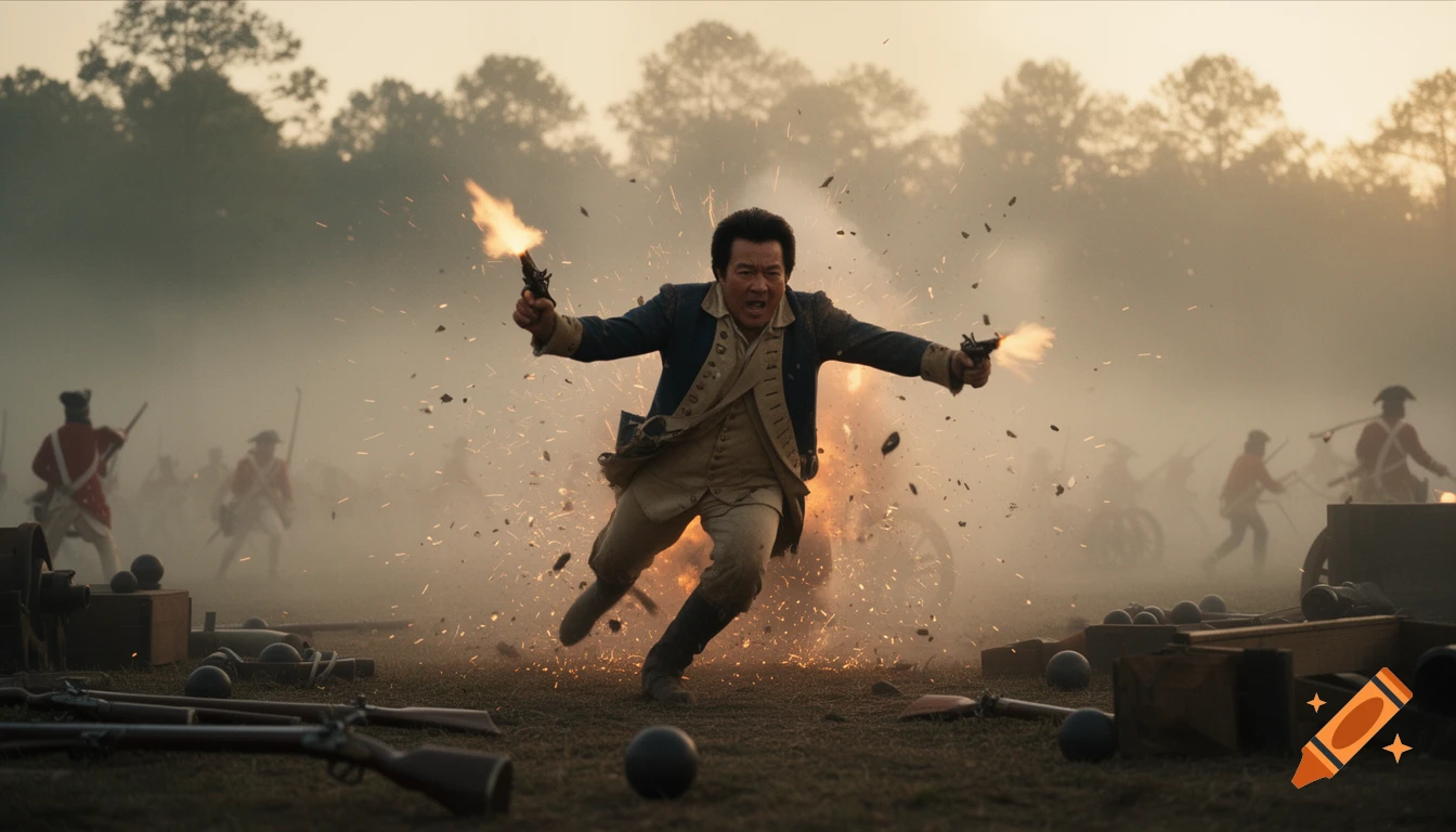 A man in 18th-century attire dramatically fires two pistols while running through a smoky battle scene with explosions and soldiers.