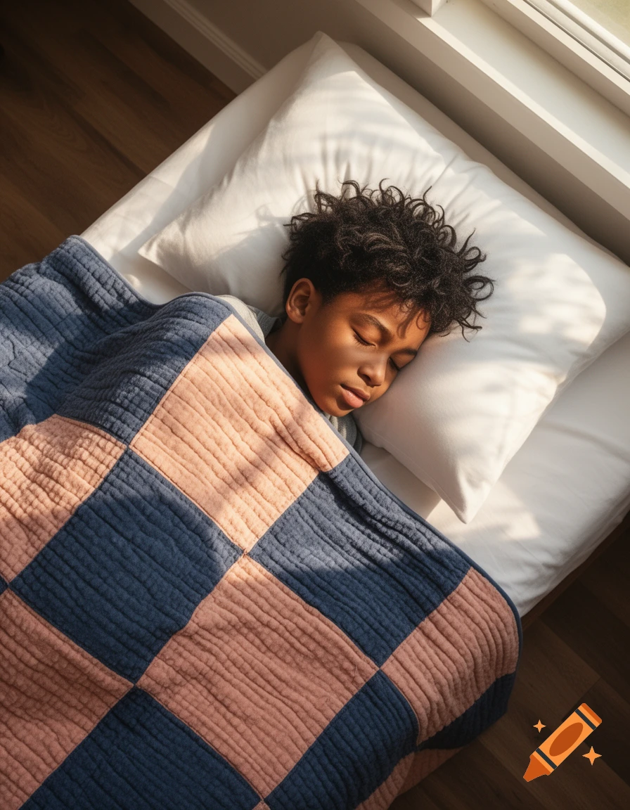 A boy with curly hair sleeps under a blue and pink checkered quilt in sunlight, seen from a high angle.