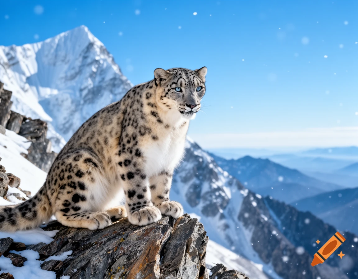 A majestic snow leopard with striking blue eyes sits on a snowy rocky mountain ledge under a clear blue sky.