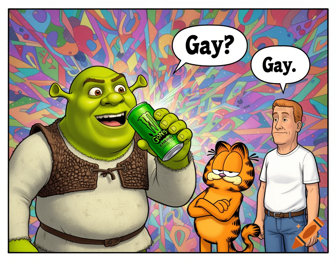 Shrek drinks Gonster Energy while Garfield and Hank Hill say 'Gay?' and 'Gay.' in a colorful comic style.