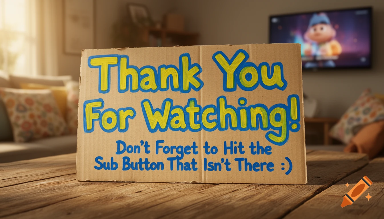 A cardboard sign on a wooden table says 'Thank You For Watching! Don't Forget to Hit the Sub Button That Isn't There :)' in a living room.
