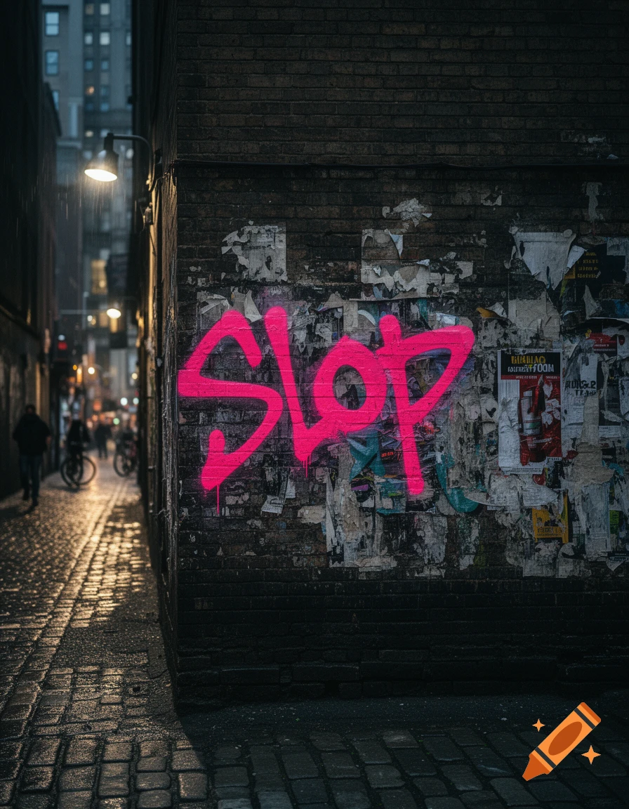 Photorealistic image of a dark, wet urban alleyway with bright pink 'SLOP' graffiti on a brick wall, people in the distance.