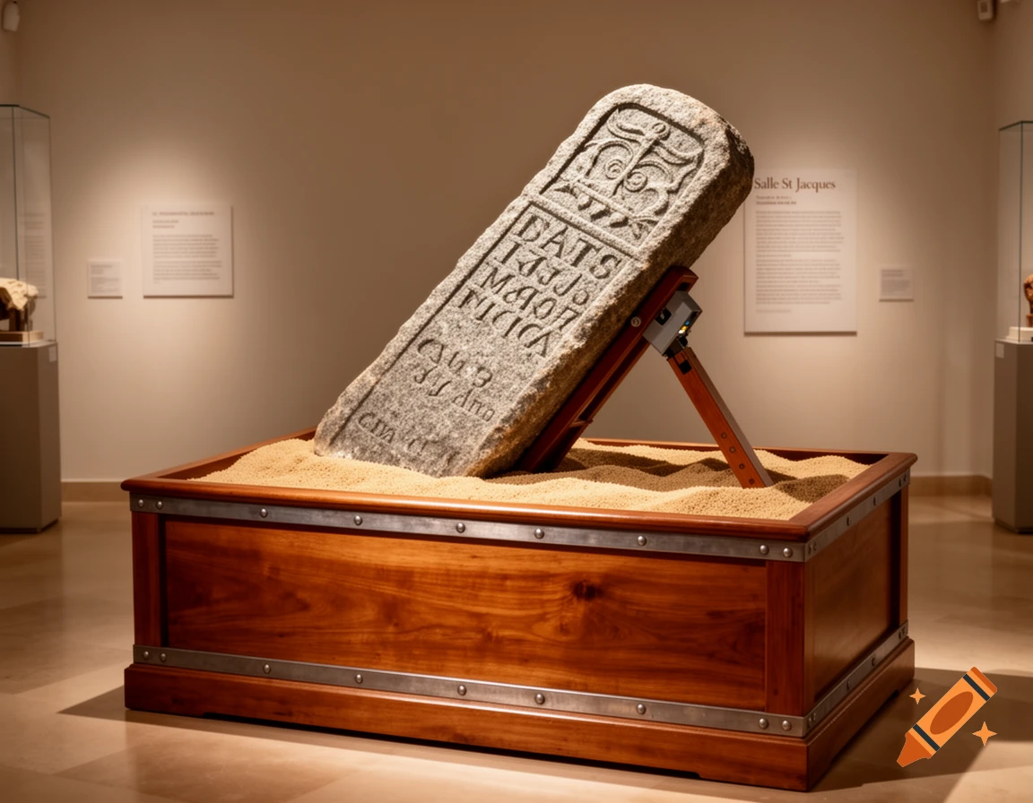 Ancient granite stele with carved text, propped in a wooden display box filled with sand in a well-lit museum.