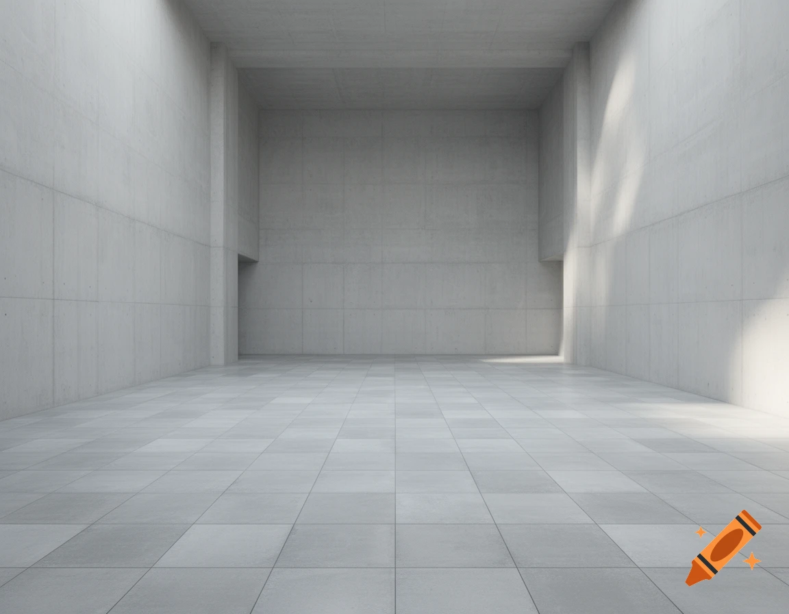 Empty minimalist room with high ceilings, light gray concrete walls, and square tiled concrete floor, lit by skylights.