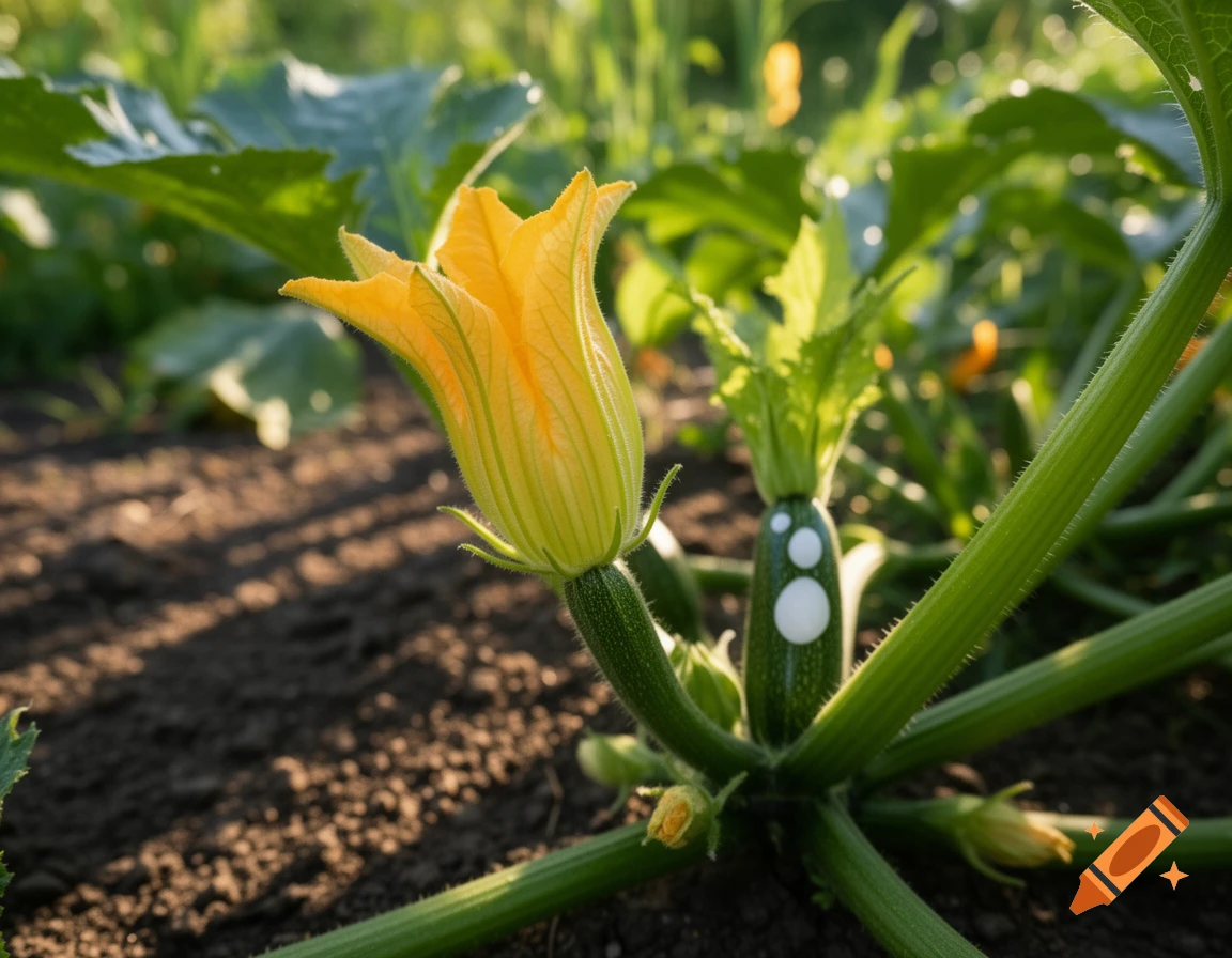 A close-up, photorealistic view of a yellow zucchini blossom and a small zucchini fruit with white dots in a garden.