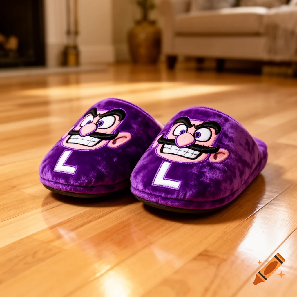 A pair of purple Waluigi slippers with an 'L' on the toe, on a shiny wooden floor.