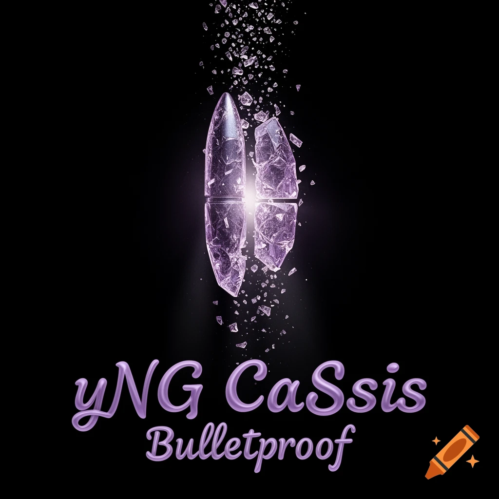 A minimalist album cover with a glowing, broken lilac crystal bullet centered on a black background, with purple text 'yNG CaSsis Bulletproof'.