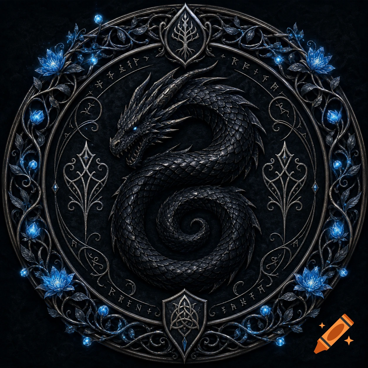 An ornate black sigil features a coiled black wyrm with glowing blue eyes, surrounded by glowing blue flowers and runic symbols on a dark background.