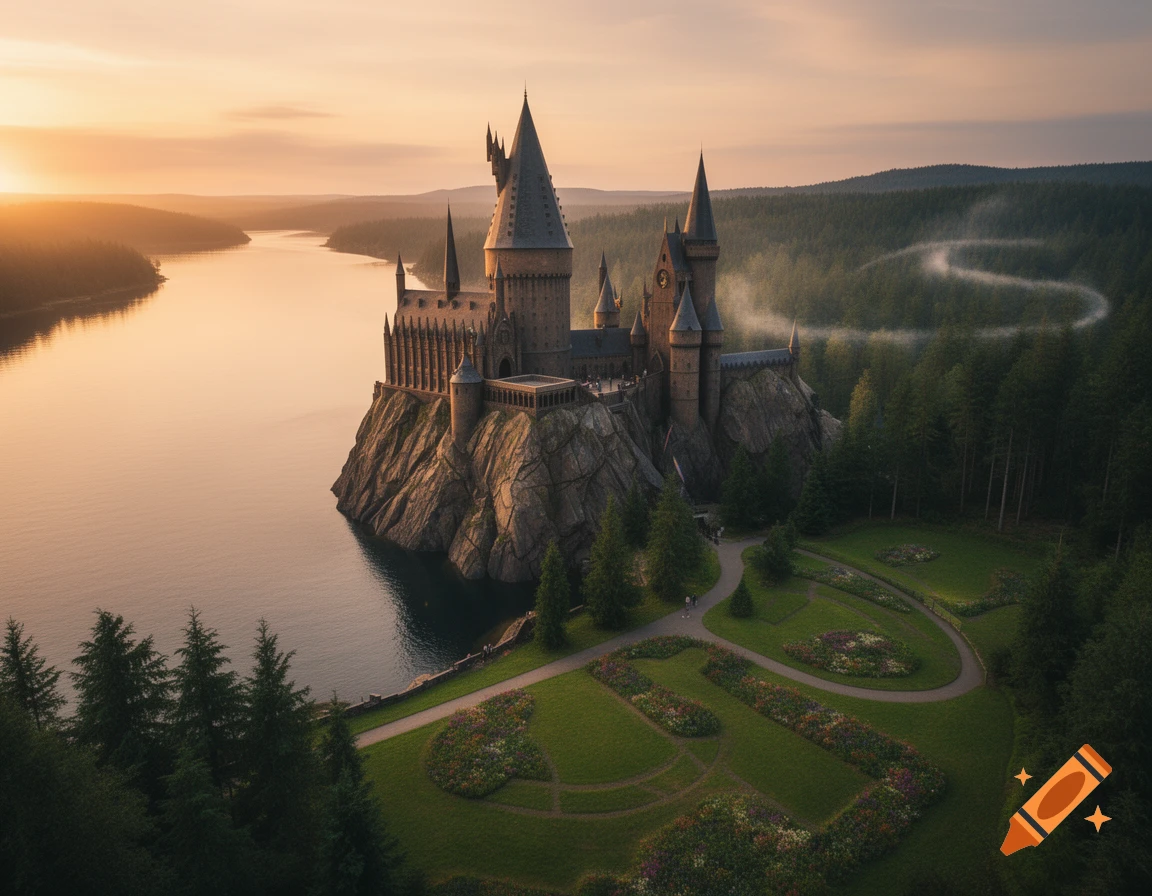 A grand castle on a rocky island by a calm lake, surrounded by forests, bathed in the warm light of dawn or dusk.