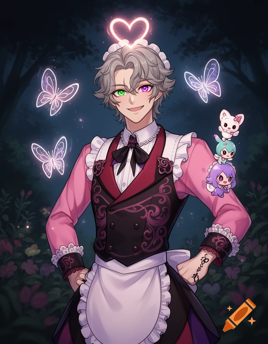 An anime character in a maid outfit with heterochromia, a glowing heart halo, and tiny cute creatures on his arm, surrounded by glowing butterflies in a dark forest.