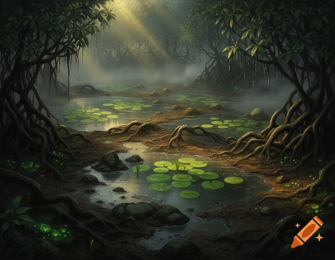 A dark, misty swamp or mangrove forest with gnarled tree roots, green lily pads on water, and sunbeams cutting through the canopy.