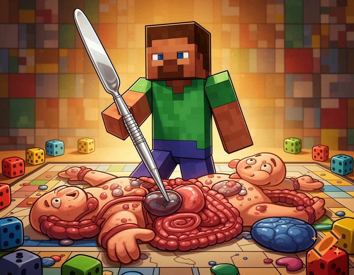 Minecraft Steve uses a scalpel to operate on two cartoon figures with exposed organs on a board game, surrounded by colorful dice.